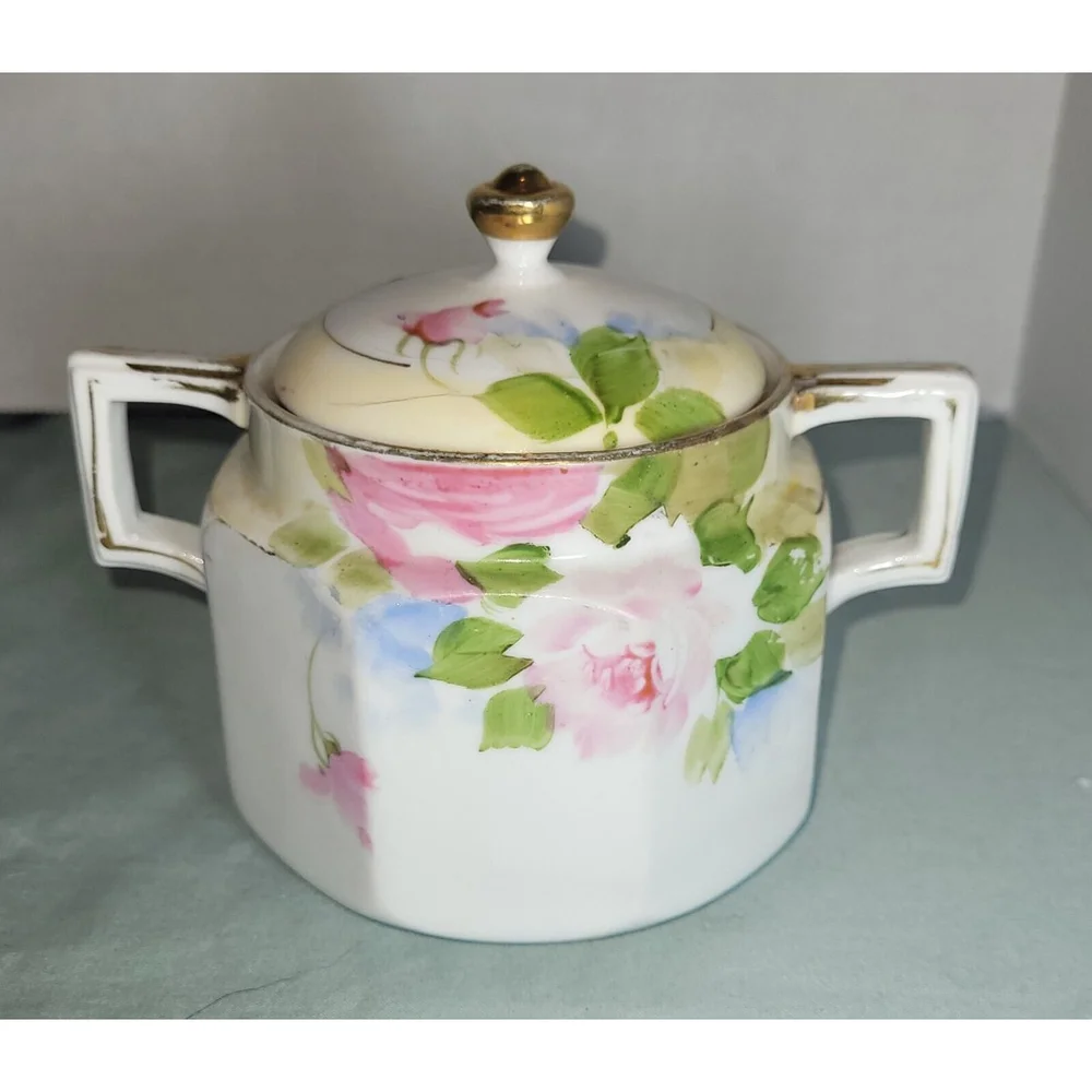 Antique Japanese Porcelain Sugar Bowl Floral Roses W/ Gold Hand‎ Painted Nippon